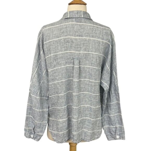 Habitat Clothes to Live In Linen Wrap Blouse Top Long Sleeve Blue White Size L - Picture 6 of 12